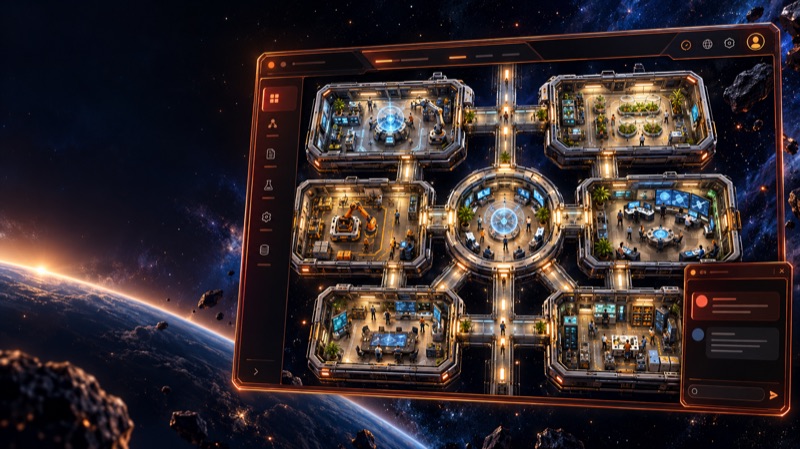 Visual concept artwork, not a screenshot: a copper-framed dashboard floating in space, showing a map of connected station rooms with small figures and a detachable chat window